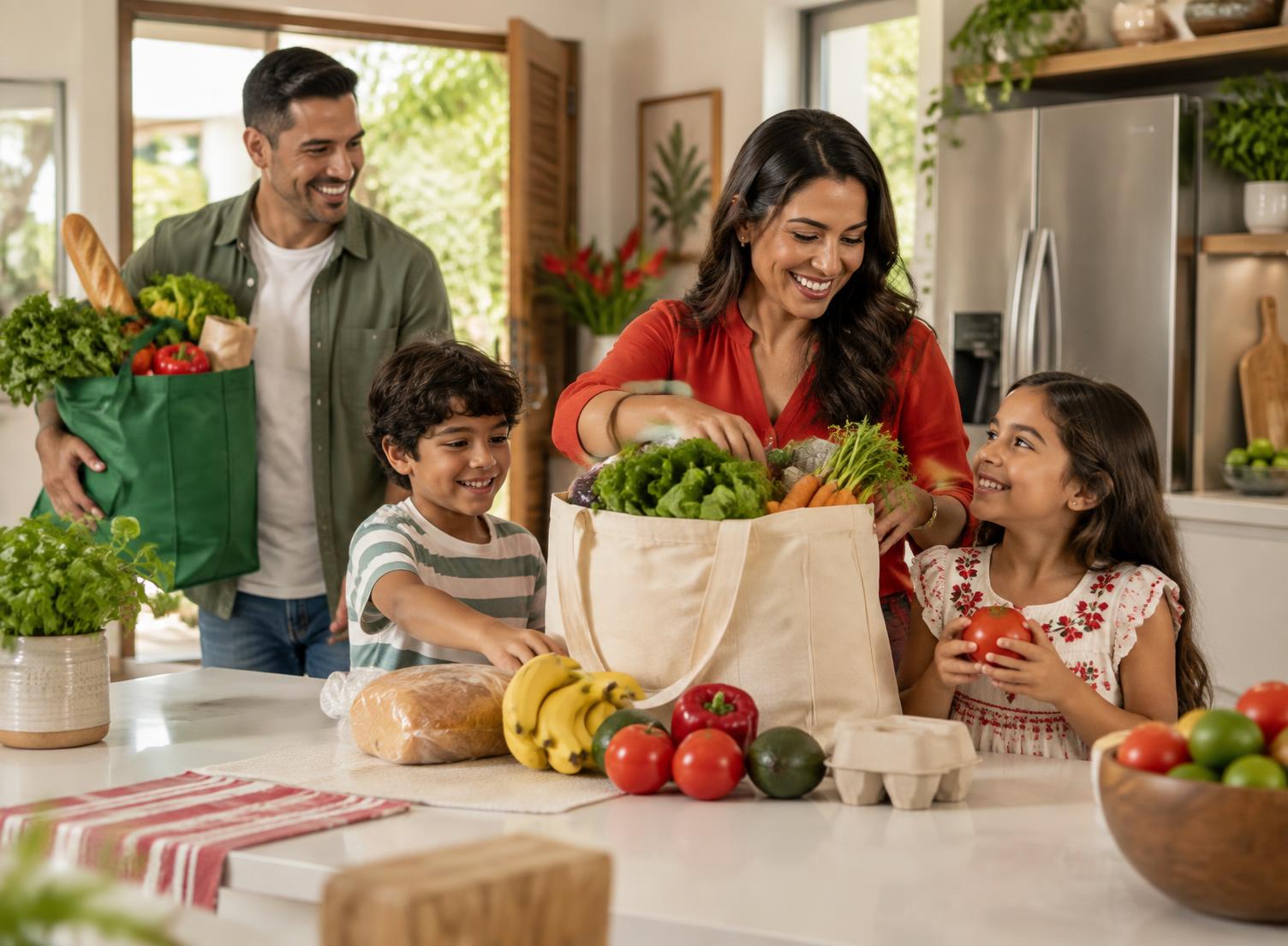 Familia compartiendo sus compras del día